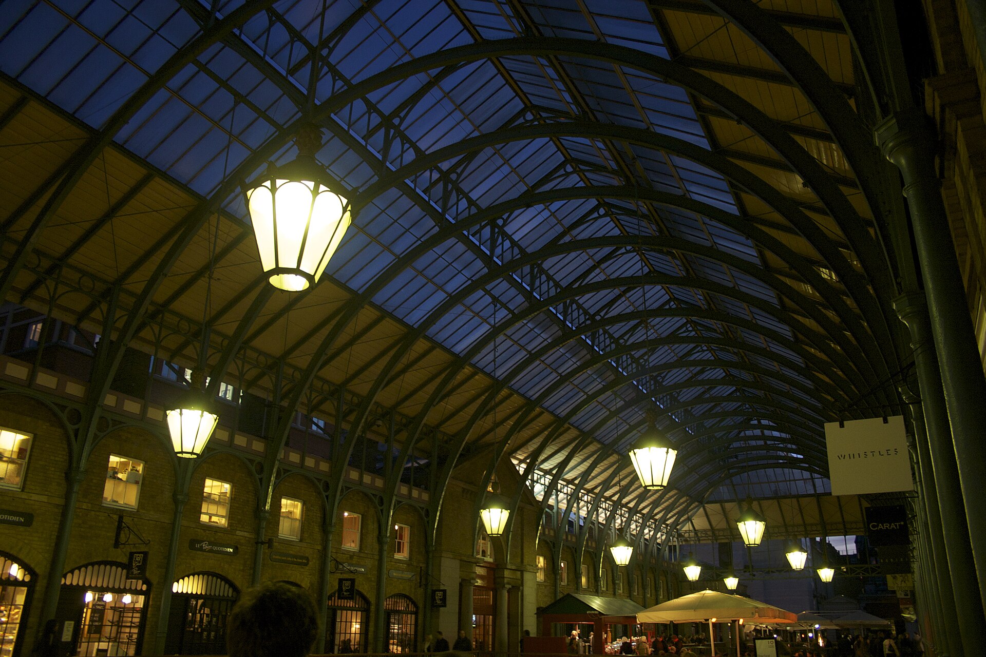 Covent Garden market hall lit at night