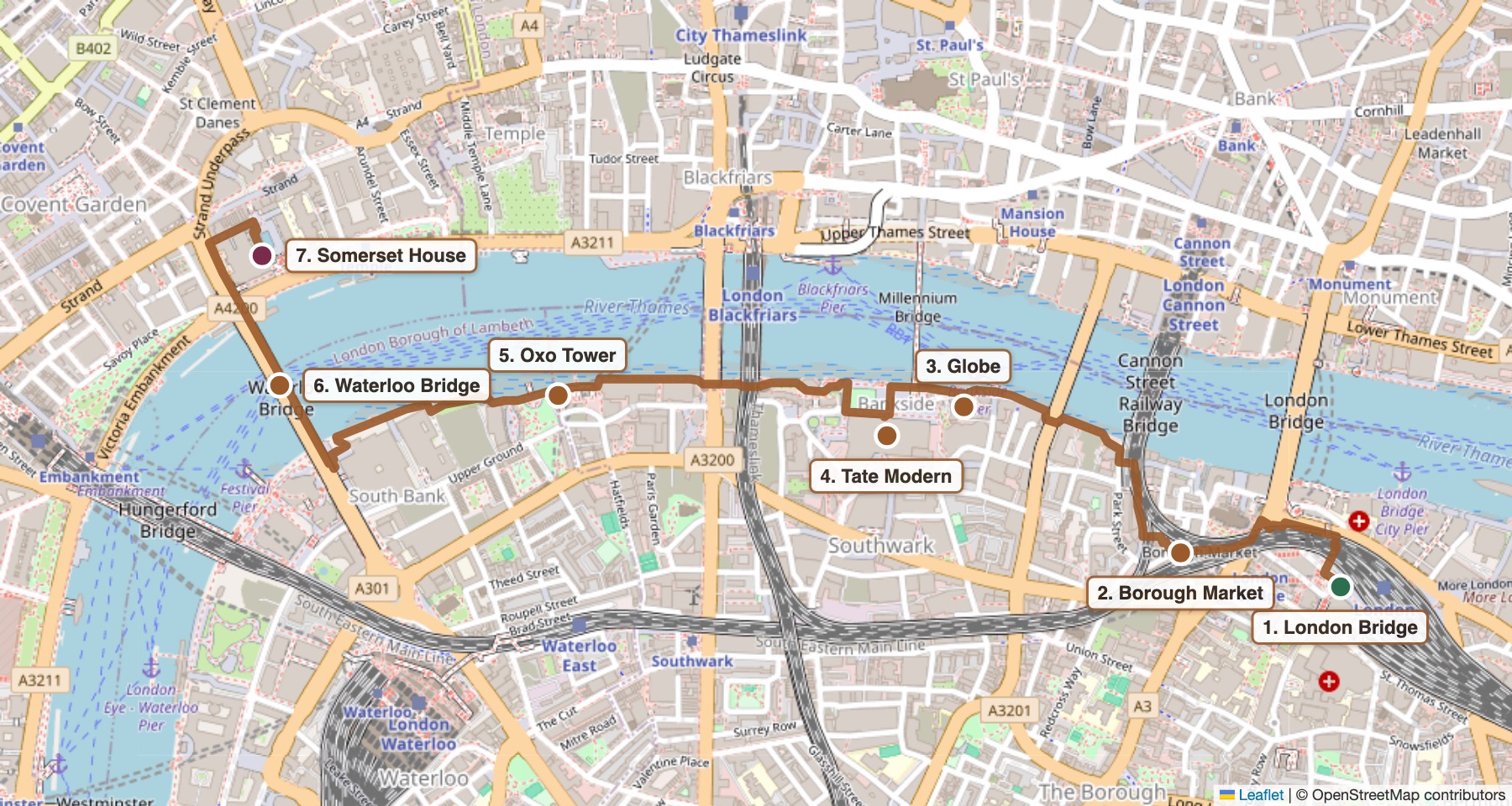 Map of the walk from London Bridge along the Thames path to Waterloo Bridge and Somerset House